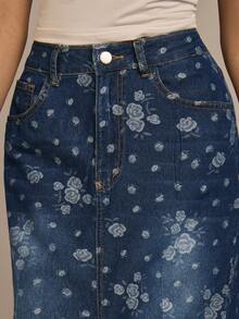 COSMINA 女士优雅玫瑰提花美人鱼长款牛仔半身裙，通勤、办公、休闲约会、春季皆宜 - 深色水洗藍 - 查看 5