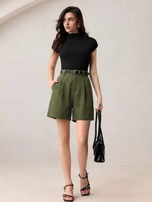 BizChic Women's Pleated High Waist Side Pocket Shorts,Army Green,Summer,Casual,Hiking,Elegant Urban Commute,Formal Office,90s Retro Style,Versatile All-Match - Army Green - View 3
