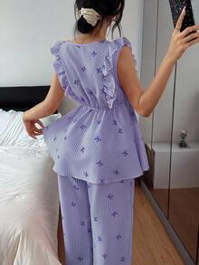 SHEIN 2pcs Summer Ruffled Trim Striped Bow Print Pajama Set - Purple - View 2