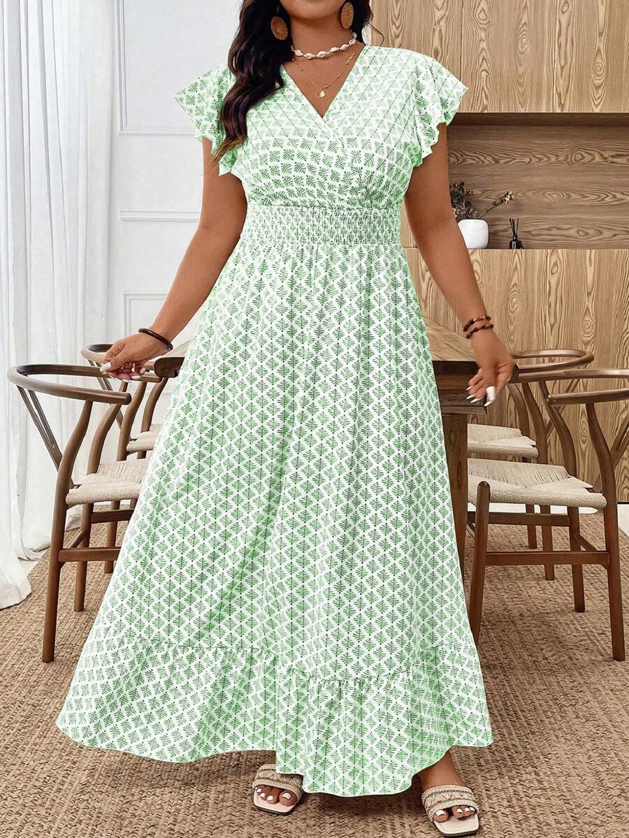 SHEIN Tall CURVE 优雅通勤度假风休闲褶皱荷叶边短袖弹力腰长连衣裙，舒适面料，百搭花卉图案，白色，大码及高个款 - 綠色 - 查看 1