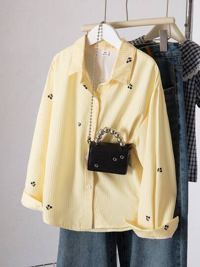 1pc Tween GirlsTurndown Collar Long Sleeve Cardigan Striped Shirt With Embroidered Front Pattern, Casual Top For Autumn