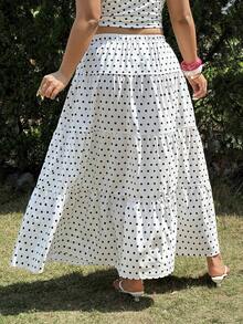 SHEIN EZwear Váy xếp ly họa tiết chấm bi đen trắng dành cho nữ cỡ lớn - Đen và trắng - Xem 2