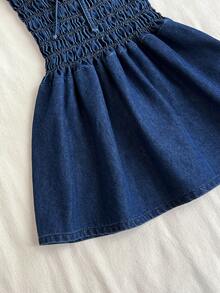 Elamini Women's Vacation Ruched Front Tie Denim Cami Dress - Blue - View 5