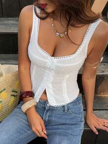 DAZY Blusa elegante de verano con cuello cuadrado, tejido texturizado y aplicaciones de encaje, top corto ajustado - Blanco - Ver 8