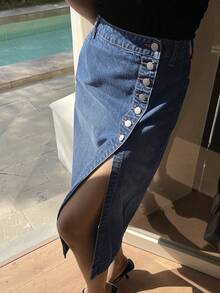 DAZY Chân váy maxi denim dáng suông thanh lịch, cạp thường, thiết kế cài một hàng khuy bên hông dành cho nữ, kiểu dáng thường ngày. - Rửa trung bình - Xem 4
