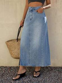 DAZY Damen Asymmetrisches Design Taillenschlitz Lässiger Denim Rock - Mittele Waschung - Übersicht 5