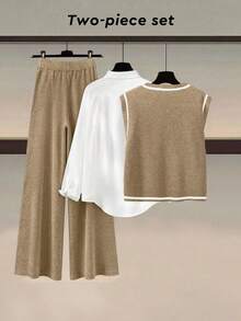 SHEIN Franclia 2-Piece Gray Knit Outfit, Sleeveless Vest And Wide-Leg Pants, Canvas Underarm Bag, Minimalist Artistic Style, Soft Knit Fabric, Relaxed Wide-Leg Pants, Korean Casual Vibe, Simple Commute Outfit, Everyday Wear, Effortless Matching, Slimming, Color Blocking Details For Refined Look, Ladies Sweater Two-Piece Set - Camel - View 2