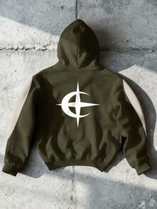 Manfinity EMRG 街头艺术图案印花连帽长袖卫衣，男士休闲套头衫，秋季款 - 彩色 - 查看 2