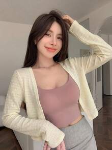 DAZY Áo kiểu ren khoét lỗ màu vàng, thời trang cho tiệc tùng, lễ hội âm nhạc, kỳ nghỉ biển thường ngày, áo cardigan ngắn cho nữ, mùa xuân & hè. - Màu be - Xem 1