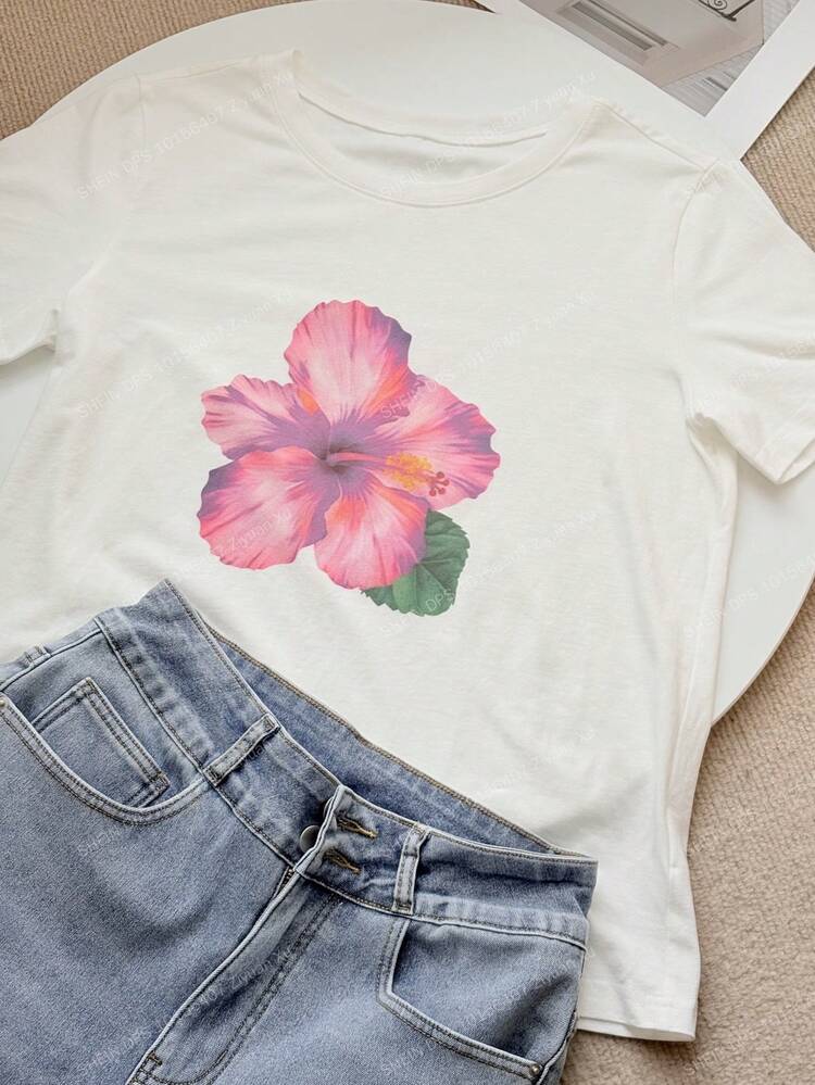 Women's Floral Print Casual Round Neck Short Sleeve T-Shirt, Summer Graphic Tees Women