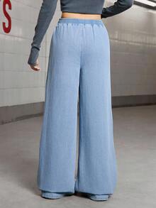 Y2K Washed Light Blue Asymmetric Elastic Waist Loose Straight Leg Jeans,Summer Streetwear Teen Holiday Back-To-School Comfortable Versatile Outings - Light Wash - View 2