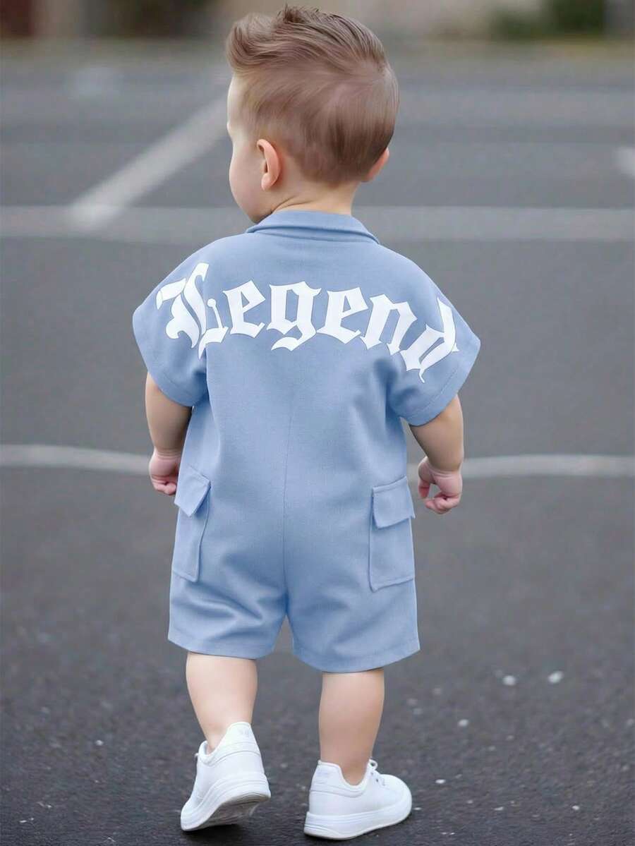 Bubblio Macacão de Manga Curta com Shorts, Padrão de Letras Macio de Malha para Bebê Menino/Menina - Azul - Visão 1