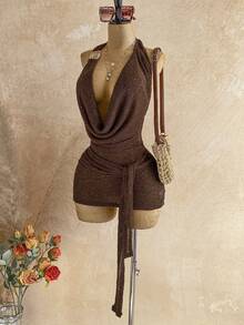 Soleia 深V露背性感迷你连衣裙，女士派对礼服，亮片棕色紧身连衣裙，派对，女士派对礼服，女士派对连衣裙 - 棕色 - 查看 6