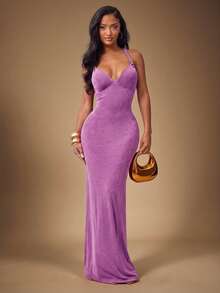 Radiana 女士性感优雅酒红色紧身连衣裙，露背设计，金属珠饰细肩带，红色正式礼服，适合约会、聚会、生日、派对、宴会、舞会和正式场合。 - 紫色 - 查看 8