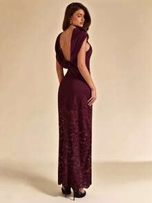 SHEIN BAE 酒红色露背深V领性感蕾丝长裙，优雅度假沙滩长裙，秋夏季 - 酒紅色 - 查看 7