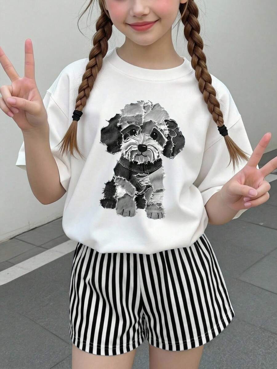 两件套女童休闲可爱小狗图案宽松圆领短袖T恤和条纹宽松短裤，适合春夏穿着 - 彩色 - 查看 1