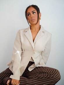 SAYEHFBABY 女士休闲亚麻收腰长袖翻领薄款西装外套，杏色，秋冬 - 杏色 - 查看 7