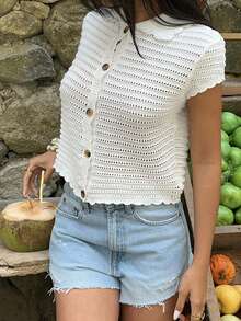 Sunnyshic Cárdigan de verano para mujer, de estilo casual y versátil, con cuello en pico, manga corta y diseño hueco, en color blanco - Blanco - Ver 5