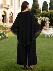 Zaforene Damen Große Größen Elegantes Pendler Cape Top, Weste und Hose Set - Schwarz - Übersicht 2