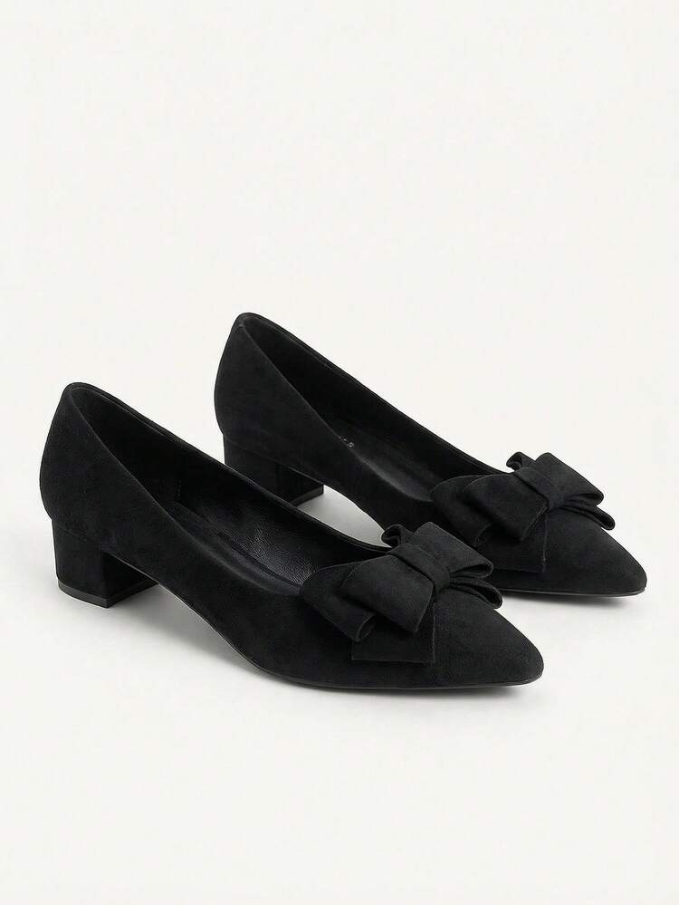CUCCOO CHICEST Women Bow Decor Point Toe Chunky Heeled Pumps, Elegant Black Faux Suede Court Pumps For Summer Graduation Heels Prom Heels Vacation Shoes Summer Summer Shoes Summer Break Easter For Christmas Elegant Shoes Wedding Shoes Summer Shoes Bride Shoes