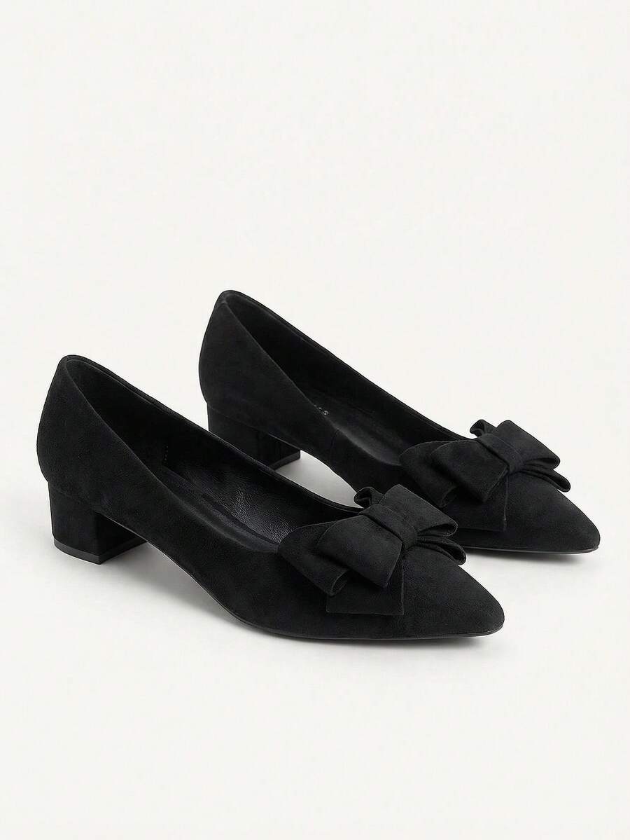 CUCCOO CHICEST 女士蝴蝶结装饰尖头粗跟高跟鞋，优雅黑色仿麂皮高跟鞋，适合夏季毕业高跟鞋舞会高跟鞋度假鞋夏季促销圣诞节秋季新年假期 - 黑色 - 查看 1