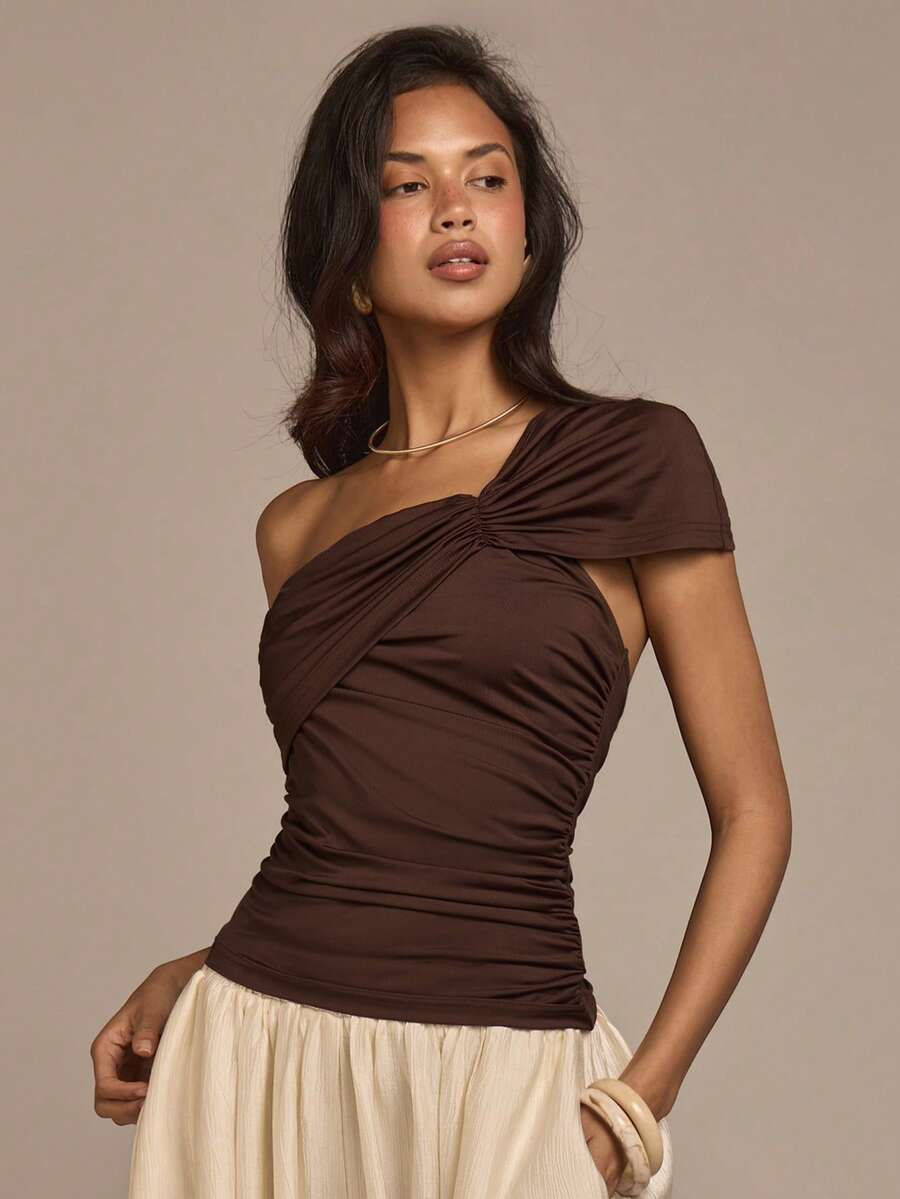COSMINA Women's Elegant Twist Drape Shoulder Versatile Commuter Blouse, Chic And Graceful For Spring Outings, Office, Dates - Brown - View 1