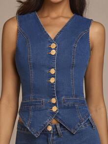 COSMINA Women's Elegant Sleeveless Regular Fit Denim Suit, Suitable For Commuting, Outing, Dating, And Daily Wear In Early Spring - Medium Wash - View 6