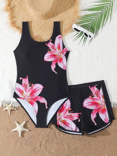 SHEIN Tween Girls Black Lily Print One-Piece Swimsuit With Shorts, Fashionable Casual Suitable For Swimming, Summer Vacation, Beach Flower Swimsuit Black Flower Swimsuit Flower Bathing Suit Girls Flower Swimsuit Black Swimsuit Black Floral Girls Swimsuit Girls Swim Suit Hawaiian Flowers Tween Girl Black Swimsuit Black With Wild Flowers Kids Bathing Suit Girls Swimwear 7years To 10 Years Bathing Suits For Teens Full Coverage Swimming Suits For Girls Bathing Suit For Tweens Spring Summer Picks Swimming Suit For Teen Girls Swimming Costume For Girls Swimming Costume For Teen Girls Swimsuit For Kids Girl 10yrs Old