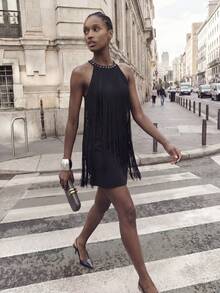 Maija Women's Tassel Neck Tie Fashionable Date Party Mini Dress - Black - View 7