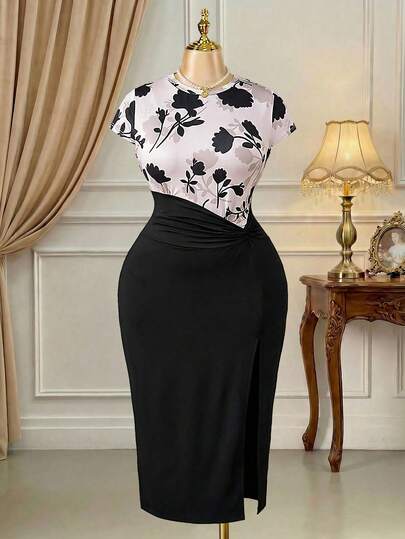 Rometta Plus Size Women's Elegant Minimalist Commute, Holiday, Daily, Date, Party Round Neck Short Sleeve Side Slit Fitted Burgundy Floral Print Dress