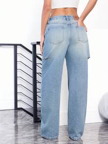 Denimoi 筒状裤腿镂空牛仔裤 时尚街头风筒状牛仔裤 - 淺色水洗藍 - 查看 2