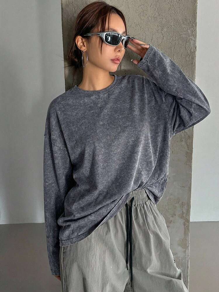 Women's Cotton Solid Color Loose Long Sleeve Round Neck Long T-Shirt, Summer Oversized