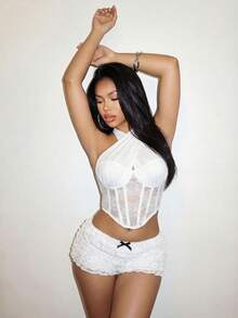 Slaydiva 夏季新款交叉吊带蕾丝修身腰部吊带背心女装 - A - 白色 - 查看 4