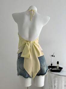 Elamini 女士纯色层叠荷叶边领休闲上衣 - 淡黃色 - 查看 2