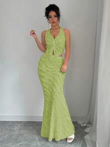 Rafferiza Sleeveless V-Neck Front Twist Halter Backless Bodycon Mermaid Dress 2-Piece Set For Women - Green - View 3