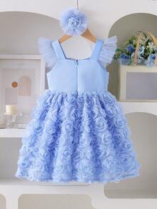 SHEIN Elladie kids 小女孩优雅3D立体花卉刺绣短袖连衣裙，公主裙，适合表演、派对、生日、婚礼等场合。 - 藍色 - 查看 2