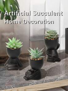 1PC Artificial Succulent Plants Single Pot Small Human Shaped Succulent 3 Styles Optional Black Ceramic Pot Cartoon Design Green PP PE Material For Desktop Home Garden School Dorm Office Decor - Black - View 3
