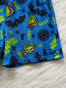 TEENAGE MUTANT NINJA TURTLES | SHEIN Ensemble pyjama avec Top à col rond à manches courtes et short imprimé de dessins animés pour jeune garçon - Bleu azur - Voir 7