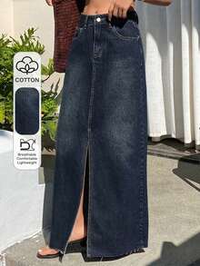 Dazy Tall Falda vaquera recta con dobladillo deshilachado y abertura para mujer alta, estilo casual de calle - Azul lavado oscuro - Ver 1