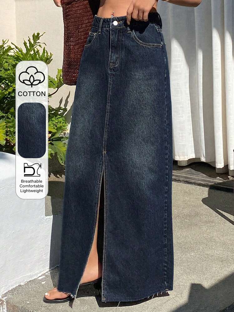 Tall Women's Frayed Hem Slit Straight Denim Skirt, Casual Street Style