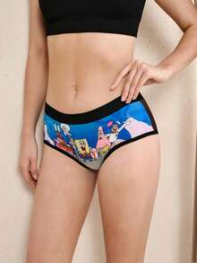 SpongeBob SquarePants | SHEIN 女士卡通印花撞色三角内裤 - 黑色 - 查看 5