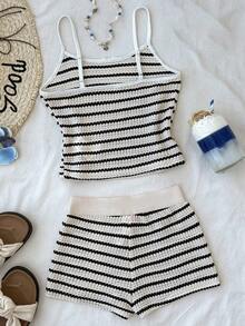 SHEIN Tween Girl Knit Striped Jacquard Bow Camisole & Shorts Set - Multicolor - View 2