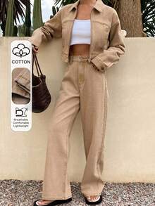 DAZY Women's Fashion Jacket & Straight Leg Jeans Set - Khaki - View 1