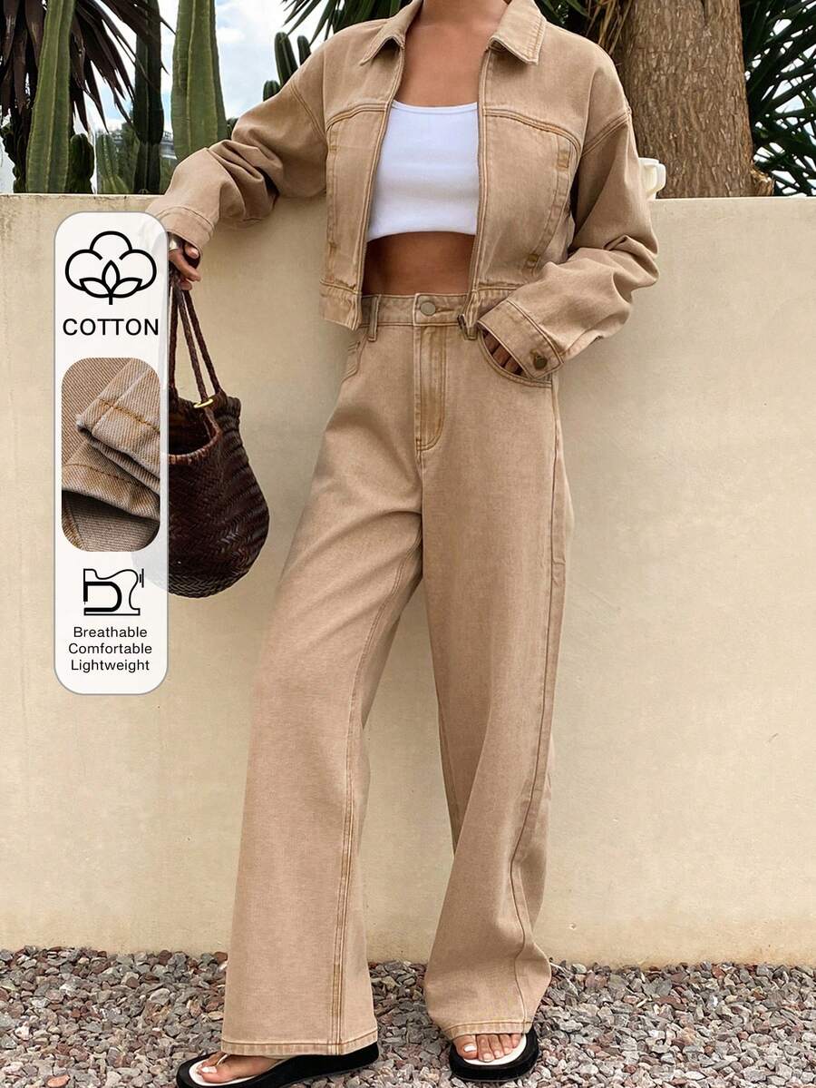 DAZY Women's Fashion Jacket & Straight Leg Jeans Set - Khaki - View 1