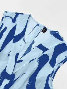 SHEIN Franclia 女士夏季连体裤，腰部收紧，阔腿印花连身裤套装 - 藍色 - 查看 6