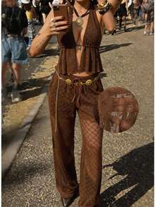 SHEIN EZwear New Summer Music Festival Brown Mesh Halter Top & Pants Set For Women - Coffee Brown - View 12