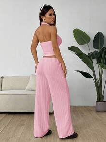 SHEIN EZwear 女士粉色针织露背吊带上衣和裤子休闲套装 女士度假套装 女士夏季两件套 女士两件套 女士夏季套装 女士两件套休闲装 - 粉色 - 查看 2