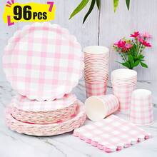 Bộ đồ dùng tiệc dùng một lần gồm đĩa, khăn ăn và cốc giấy họa tiết cánh hoa kẻ caro hồng trắng, phục vụ 24 khách. Bộ đồ dùng tiệc bằng giấy dùng một lần này phù hợp cho sinh nhật, đám cưới, tiệc theo chủ đề và dã ngoại gia đình. - Xem 1