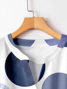 Rusticease 女士几何印花V领上衣和松紧腰阔腿裤两件套休闲套装 - 霧霾藍 - 查看 3