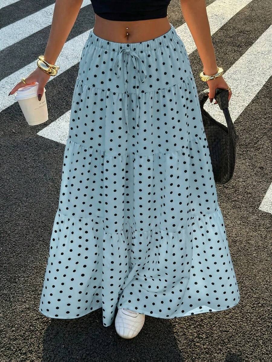 SHEIN EZwear Plus Size Light Blue Polka Dot Print Women Ruffle Hem A-Line Skirt - Baby Blue - View 1